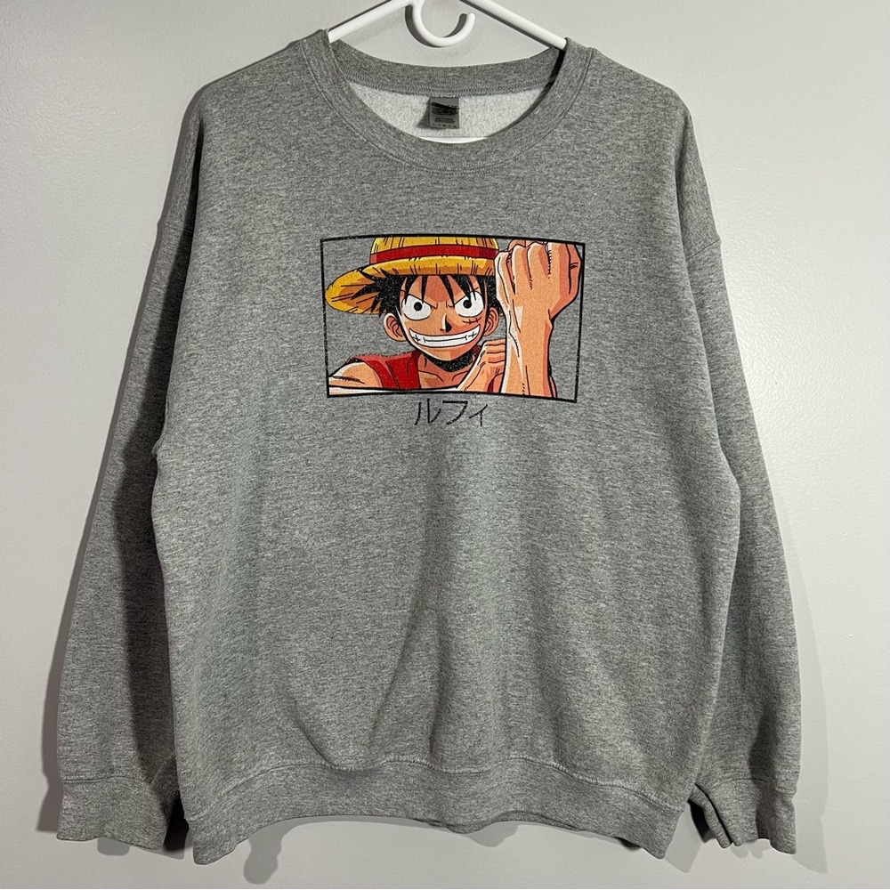 One Piece Luffy Anime Manga Gray Long Sleeve Pullover Sweatshirt Mens Size Large